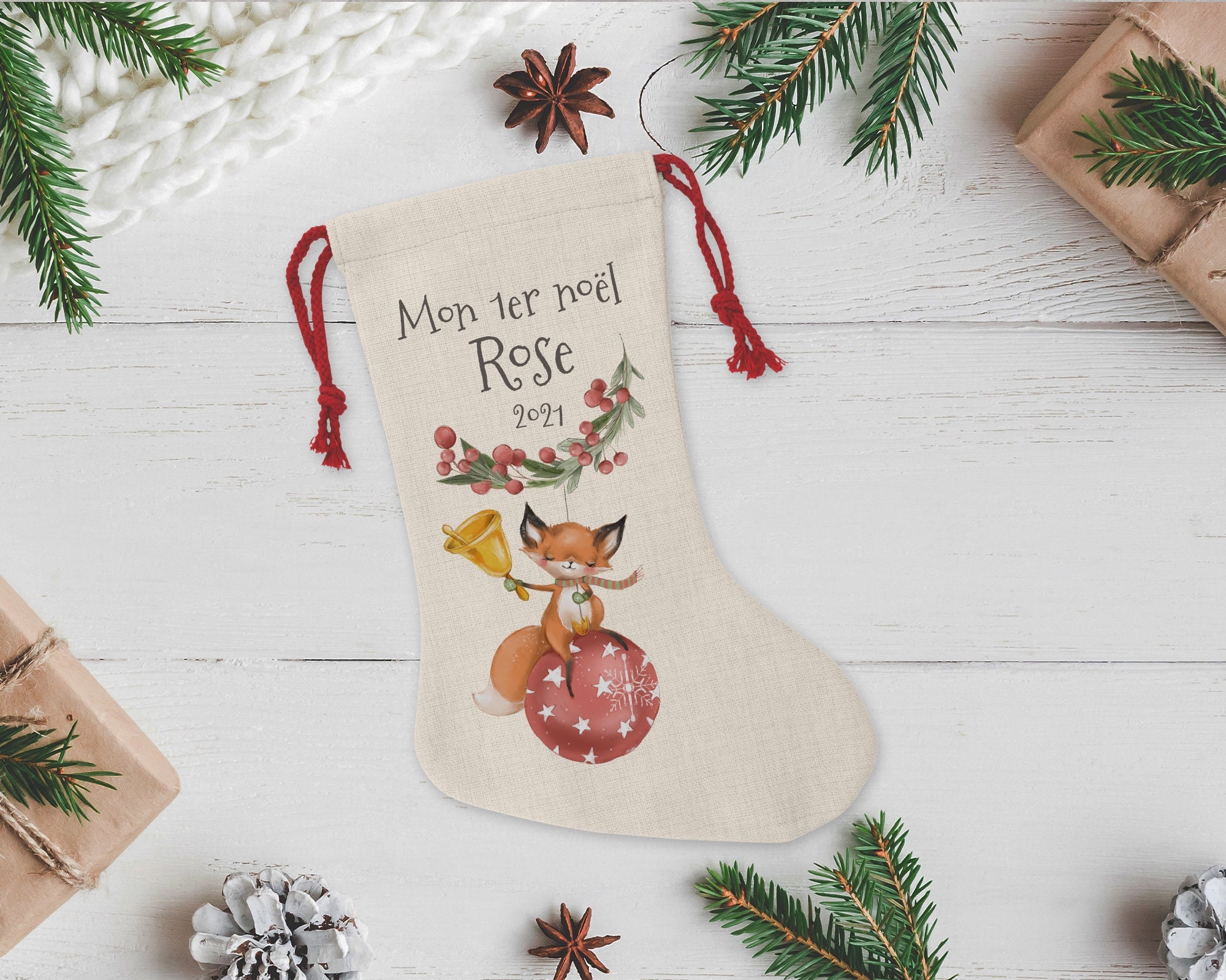 Chaussette de Noël Personnalisée, Bébé Renard