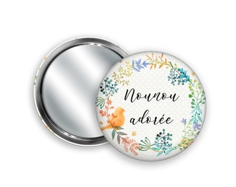 Miroir de poche à personnaliser, Couronne de fleurs, Oiseau et fleurs + Pochon cadeau