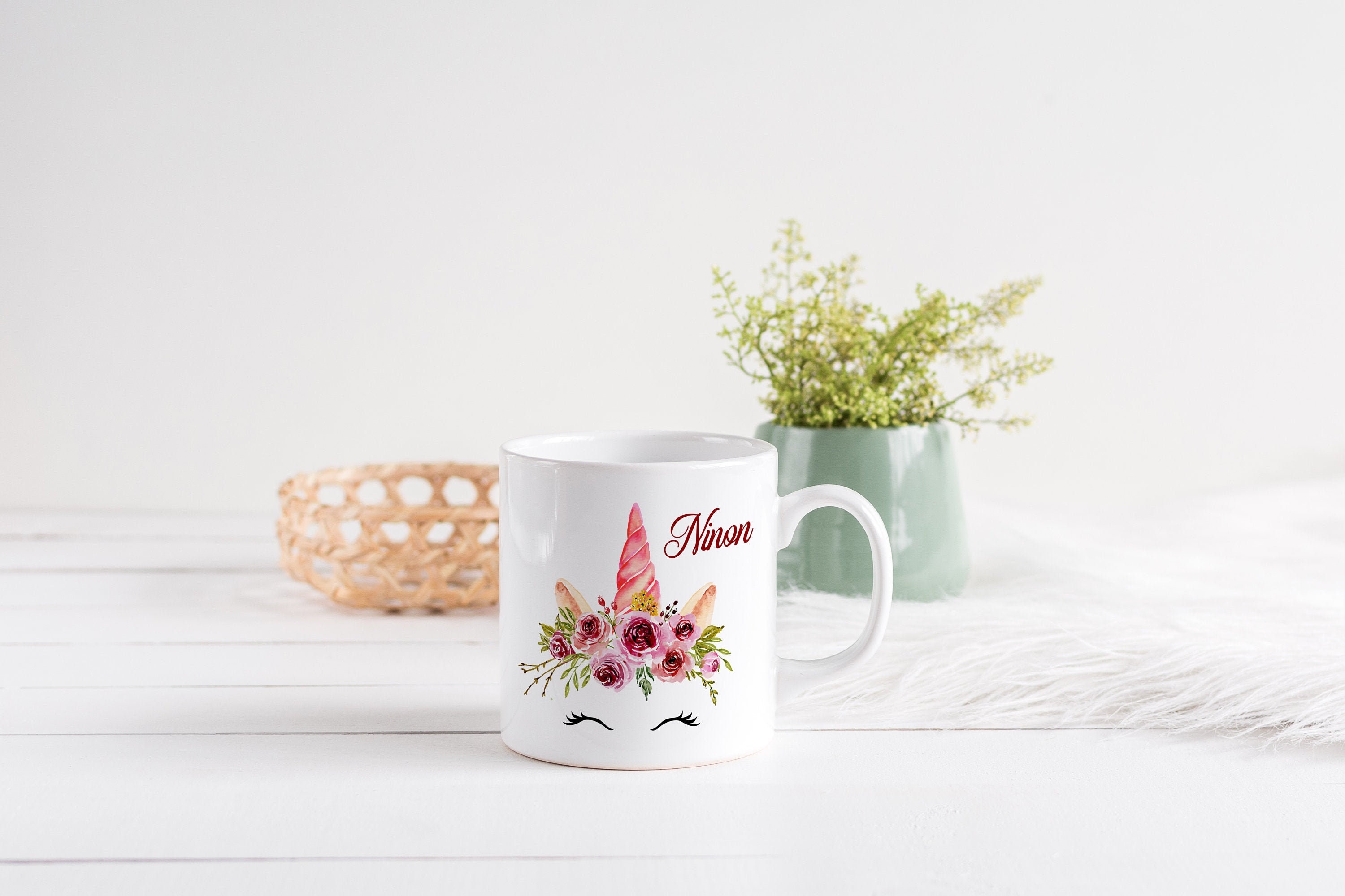 Mug Personnalisé Céramique, 325 ou 430Ml, Licorne Aquarelle Fuchsia