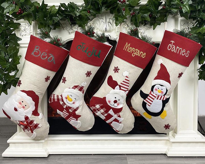 Embroidered Christmas sock, personalized with first name, 4 models to choose from, Natural/red model image 1