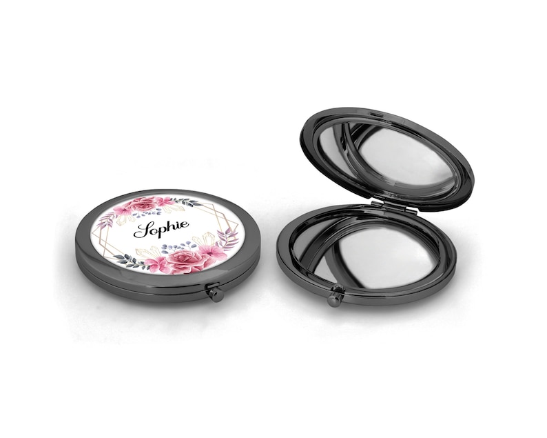 Miroir en métal de poche à personnaliser, Couronne de fleurs, Roses et or Pochon cadeau Anthracite