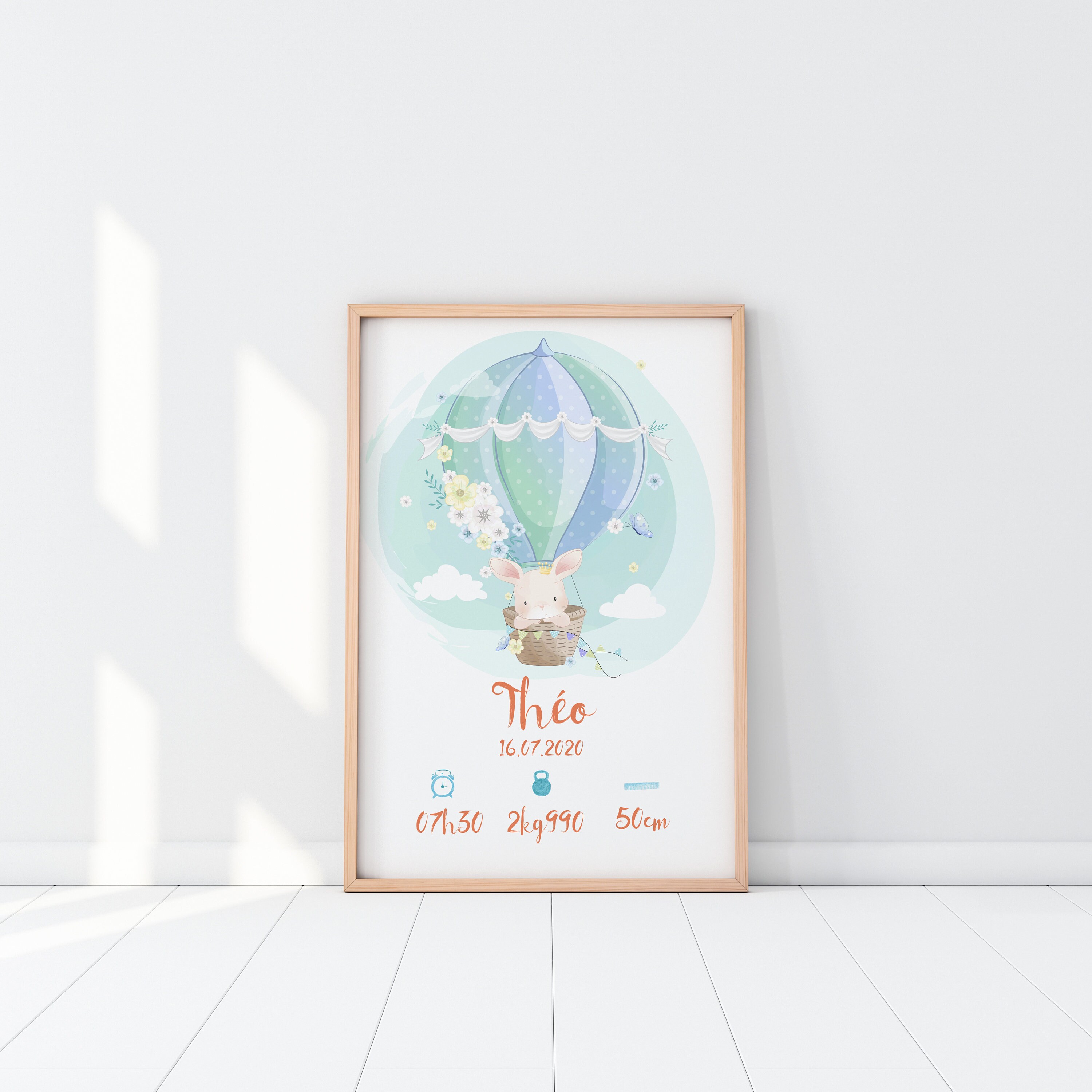 Affiche de Naissance à Personnaliser, Animal en Montgolfière, Style Aquarelle - Modèle Théo