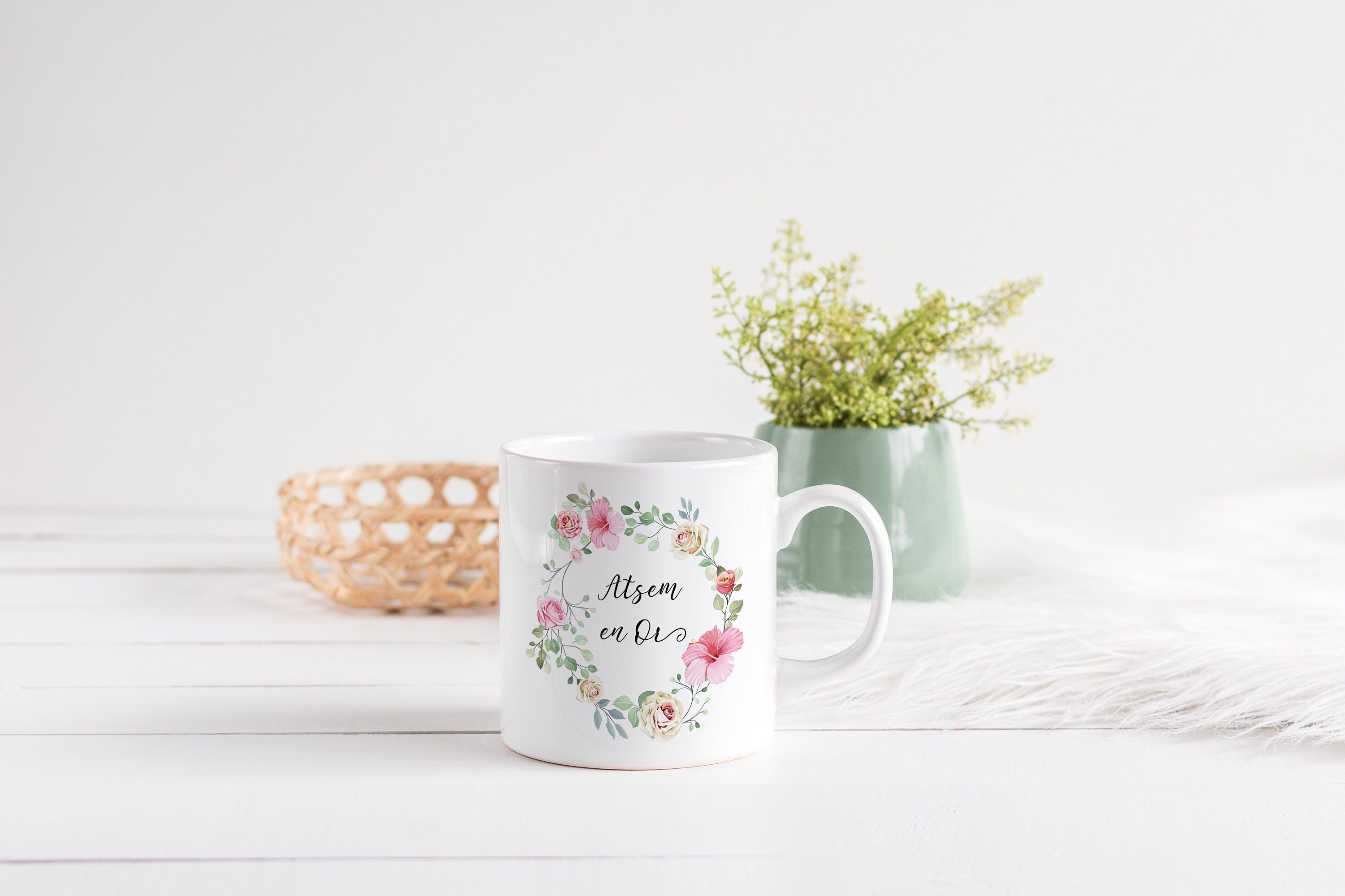 Mug Personnalisé Céramique, 325 ou 430Ml, Couronne de Fleurs, Roses et Hibiscus