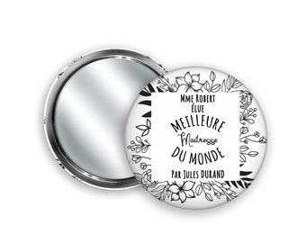 Miroir de poche à personnaliser, Cadre en fleurs, Noir et blanc + Pochon cadeau