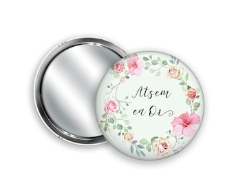 Miroir de poche à personnaliser, Couronne de fleurs, Roses et hibiscus + Pochon cadeau