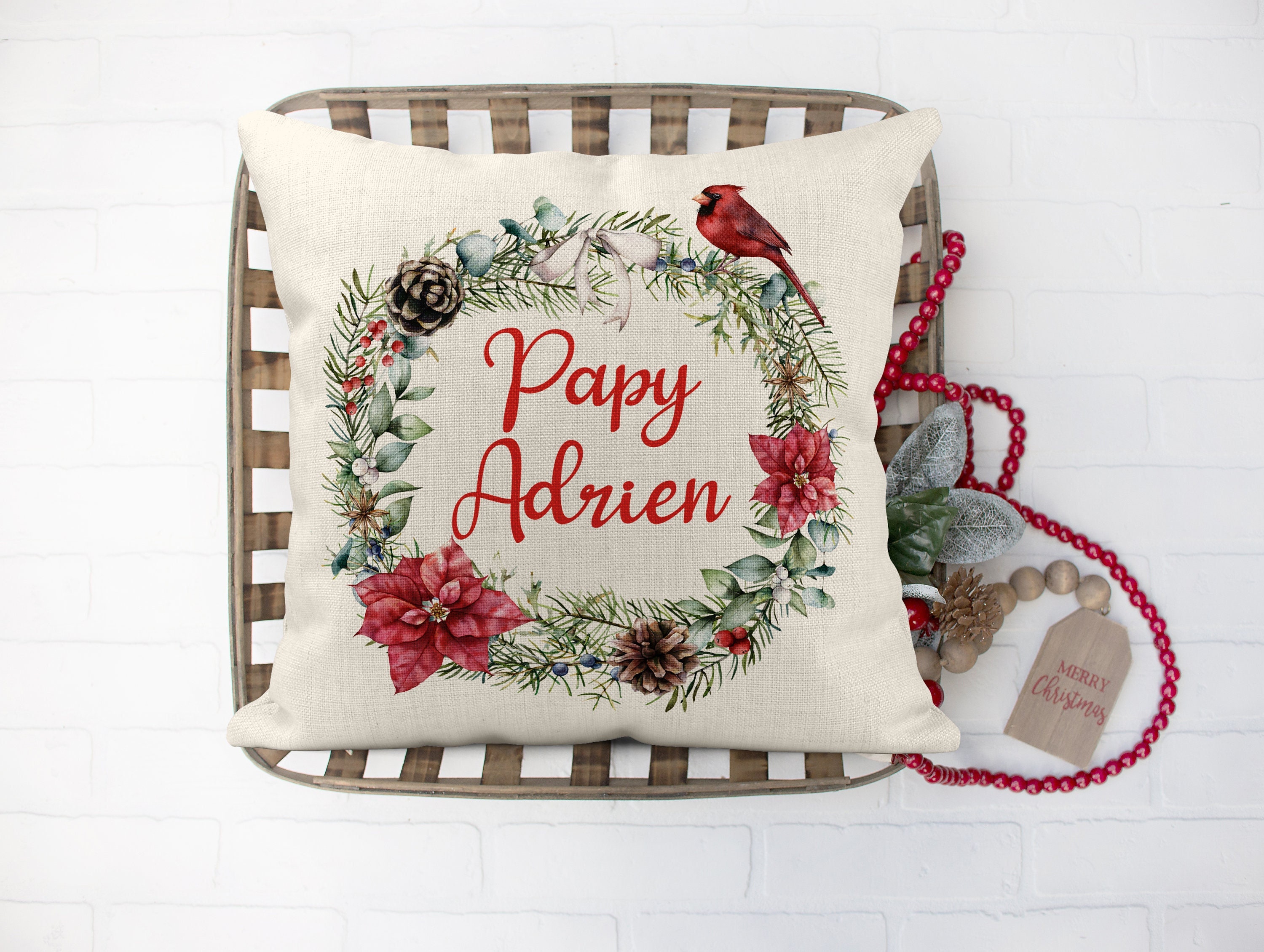 Coussin de Noël Personnalisé, Couronne et Cardinal