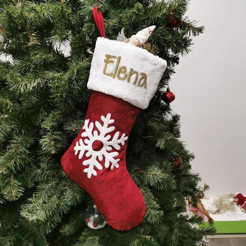 Chaussette de Noël brodée, personnalisée avec prénom, 4 modèles au choix, Modèle Rouge/Blanc Flocon de neige