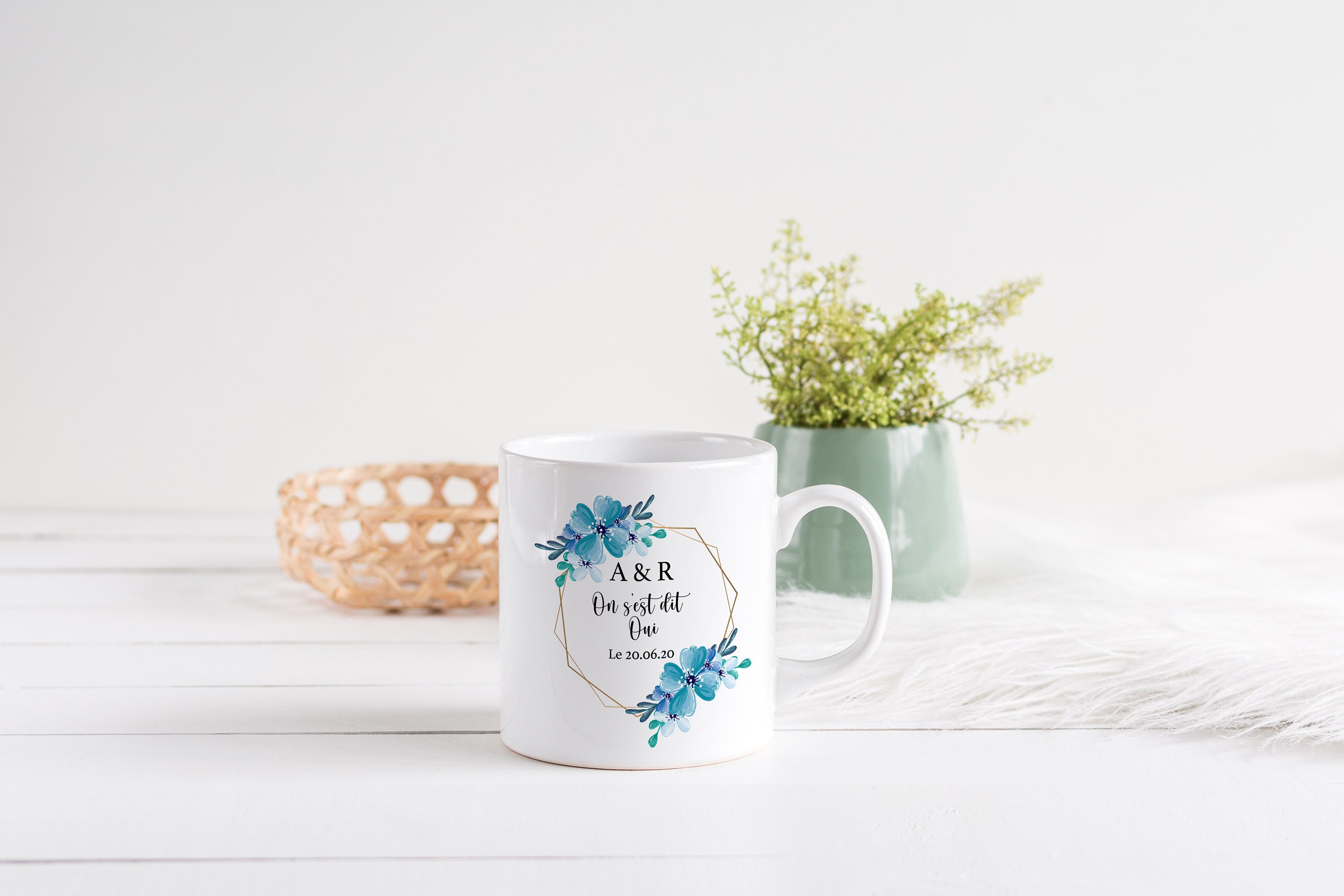 Mug Personnalisé Céramique, 325 ou 430Ml, Couronne de Fleurs Bleues