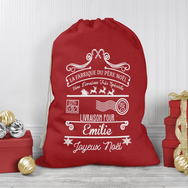 Sac de Noël personnalisé, Hotte à cadeaux couleur rouge, Livraison de cadeaux la fabrique du Père Noël