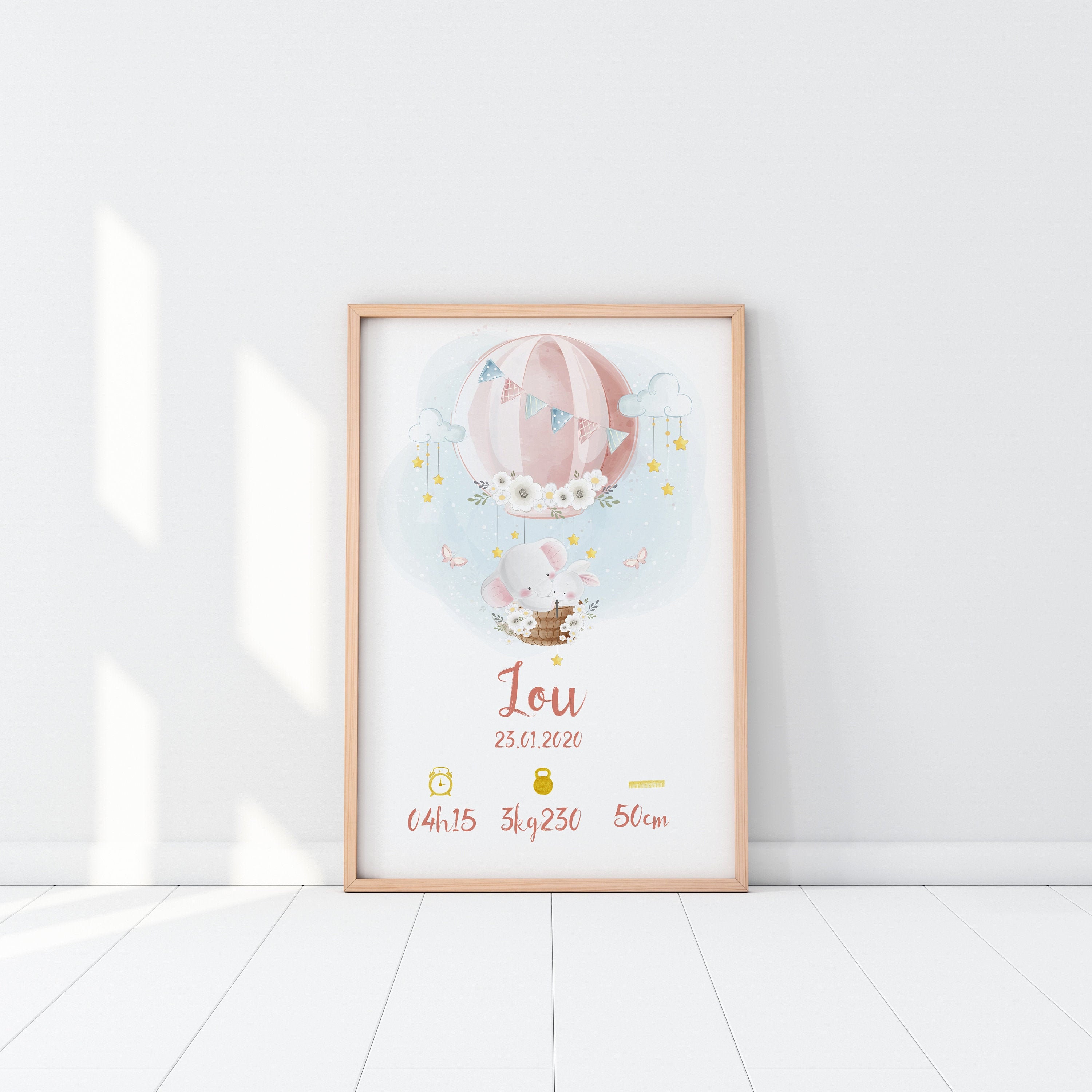 Affiche de Naissance à Personnaliser, Animal en Montgolfière, Style Aquarelle - Modèle Lou