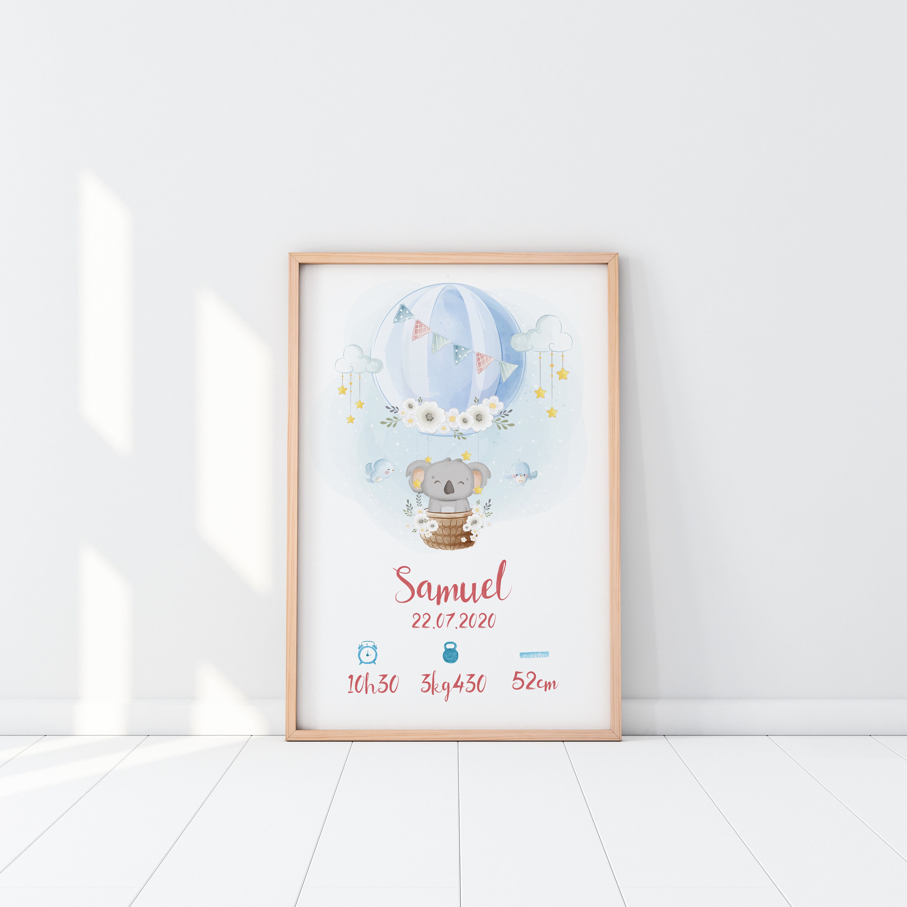 Affiche de Naissance à Personnaliser, Animal en Montgolfière, Style Aquarelle - Modèle Samuel