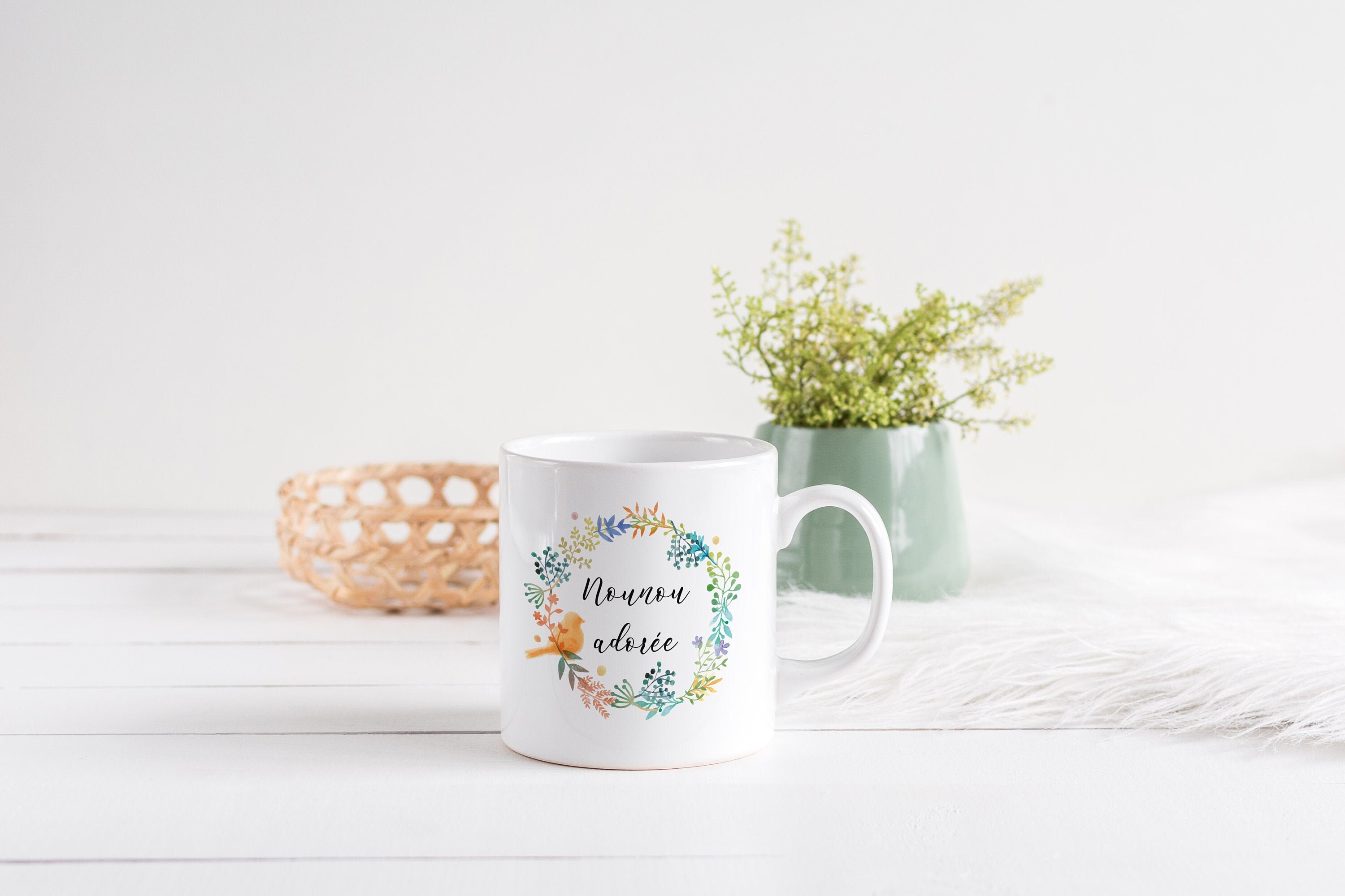 Mug Personnalisé Céramique, 325 ou 430Ml, Couronne de Fleurs, Oiseaux et Fleurs
