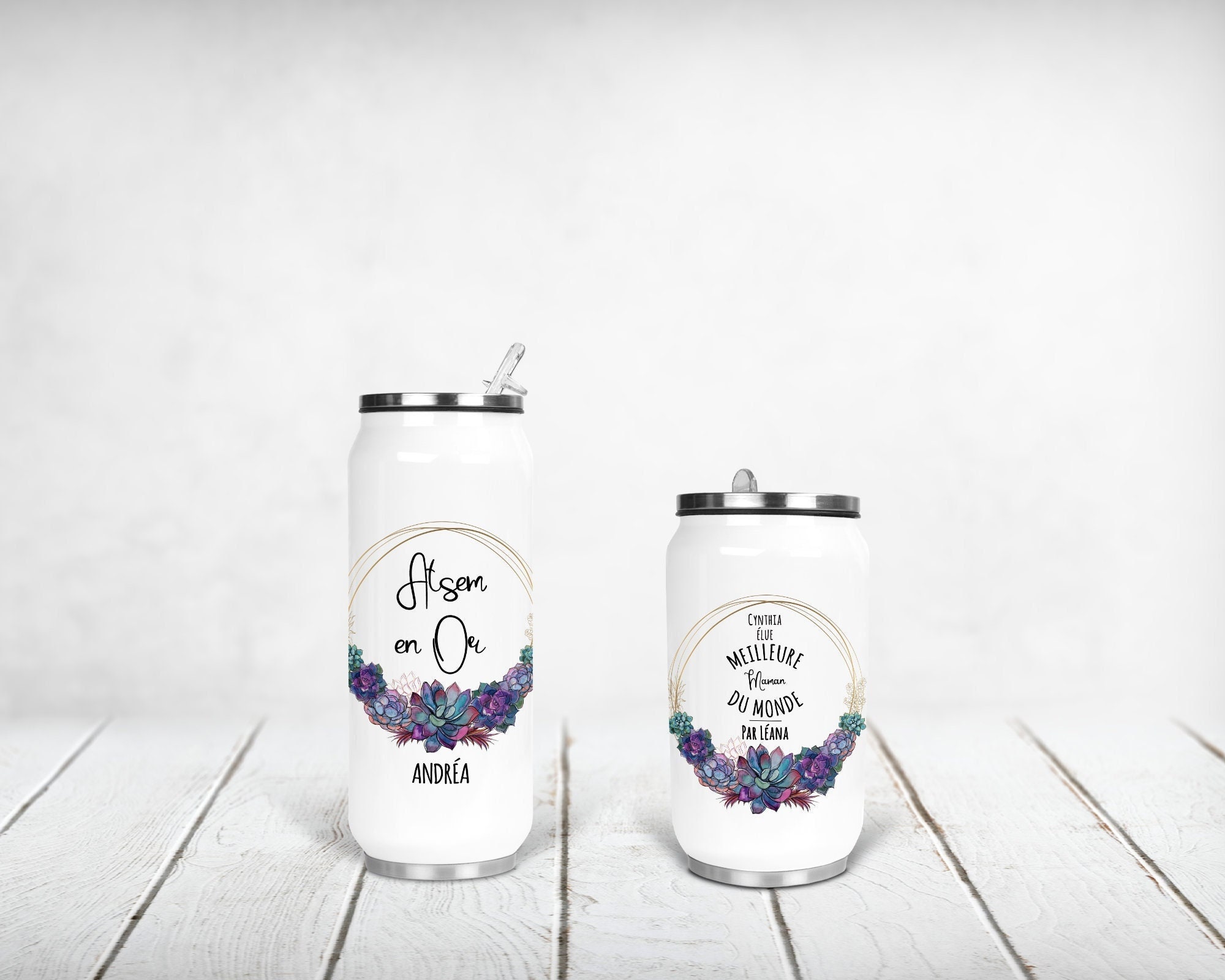 Canette Isotherme Personnalisée, Couronne de Fleurs, Succulentes