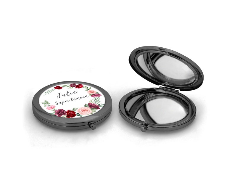 Miroir en métal de poche à personnaliser, Couronne de fleurs, Roses en dégradé Pochon cadeau Anthracite