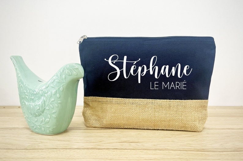 Grande Trousse coton et jute personnalisée, Cadeau Maman, Maîtresse, Nounou... à personnaliser. 8 couleurs au choix Bleu Marine