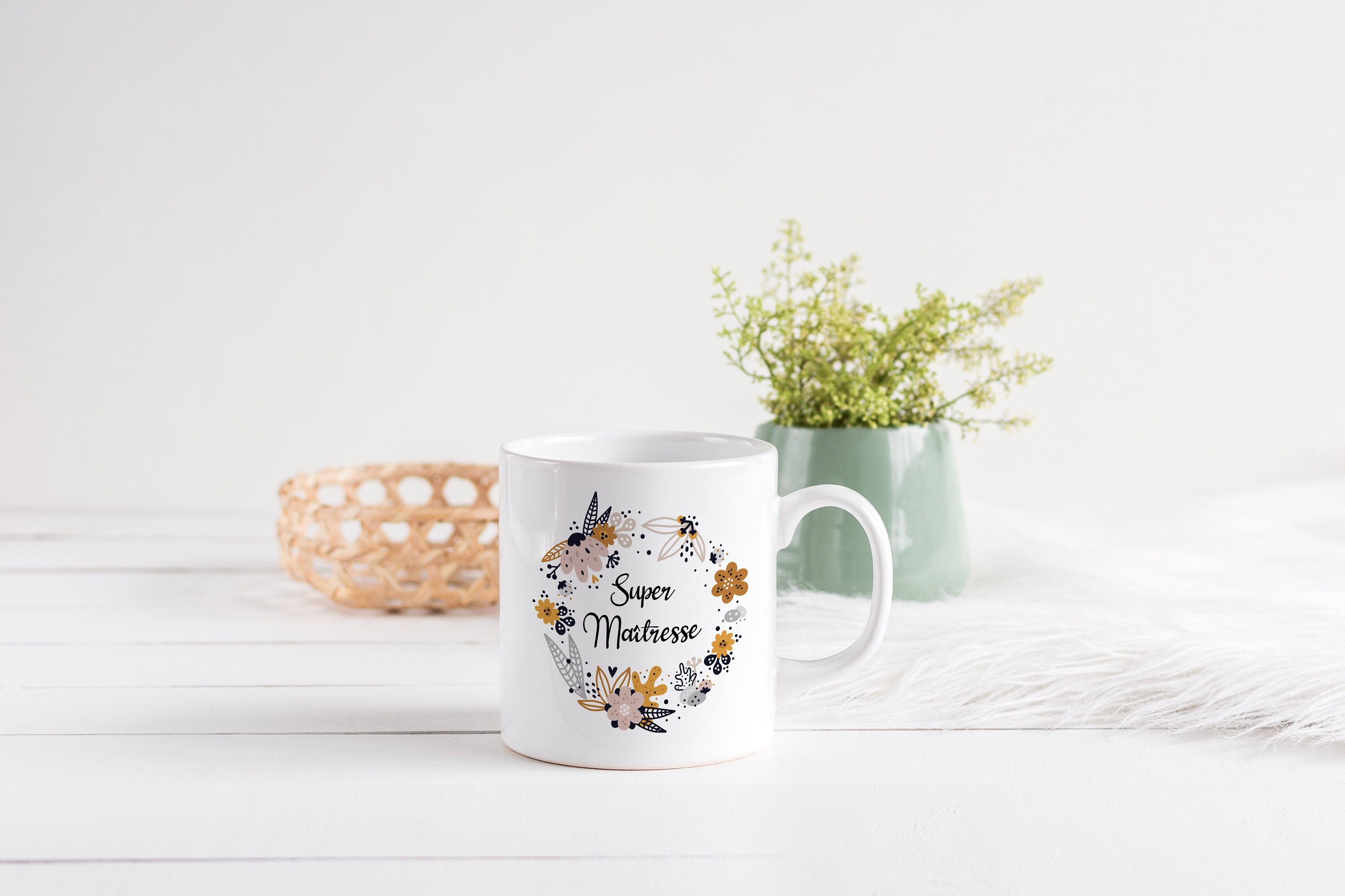 Mug Personnalisé Céramique, 325 ou 430Ml, Couronne de Fleurs à La Main