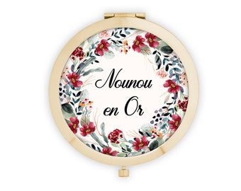 Miroir en métal de poche à personnaliser, Couronne de fleurs champêtre + Pochon cadeau