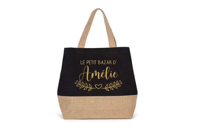 Large Personalized Cotton and Jute Bag, Gift for Mom, Teacher, Nanny... to personalize. 7 colors to choose from Noir