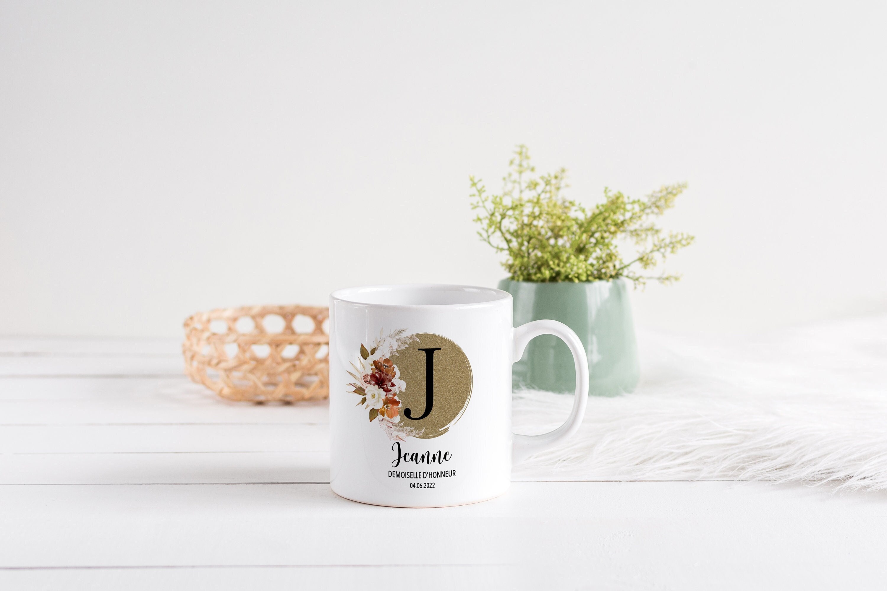 Mug Personnalisé Céramique, 325 ou 430Ml, Couronne de Fleurs, Terracota