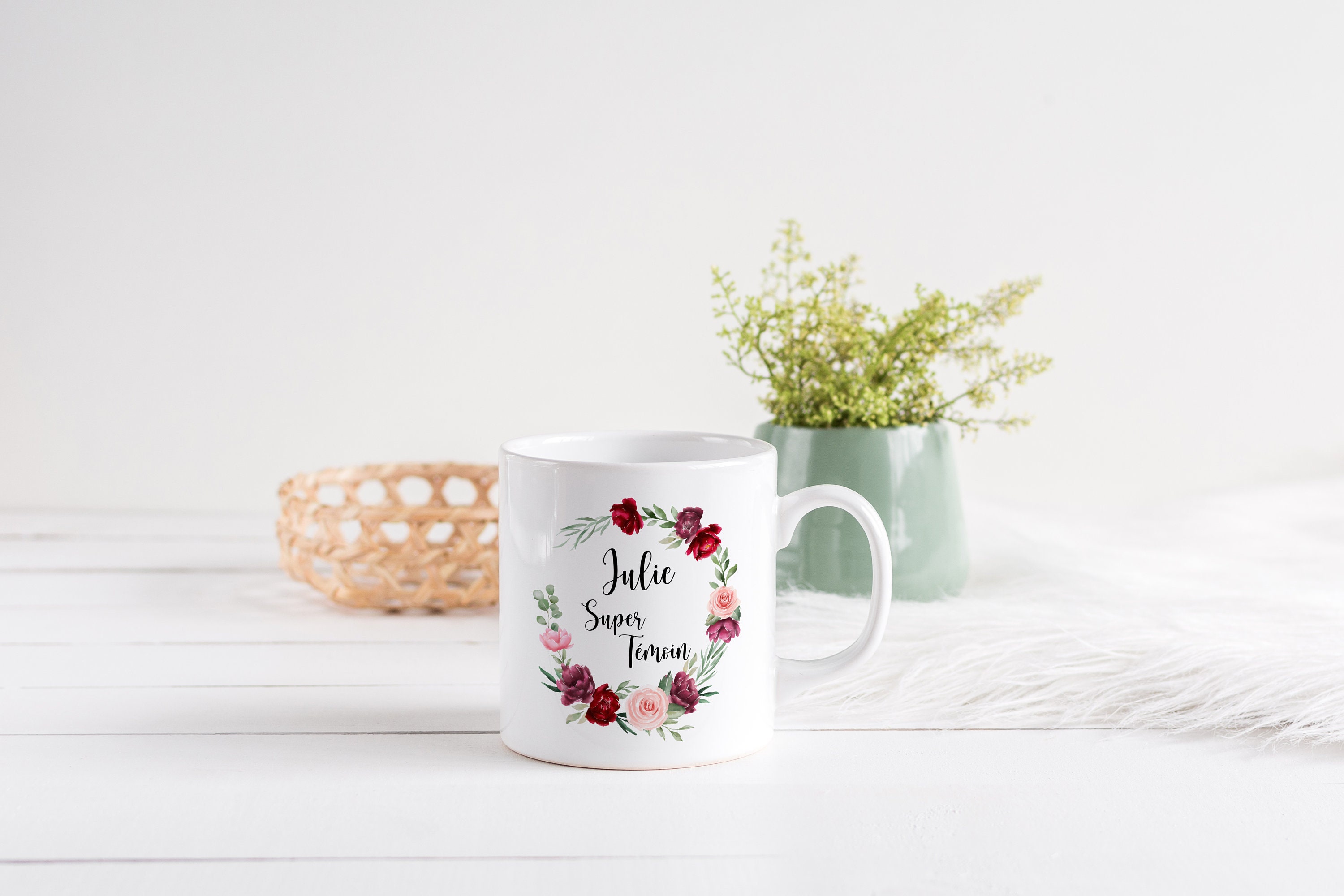 Mug Personnalisé Céramique, 325 ou 430Ml, Couronne de Fleurs, Roses en Dégradé