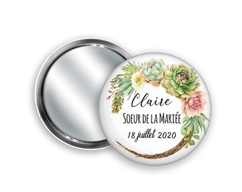 Miroir de poche à personnaliser, Couronne de fleurs, Succulentes + Pochon cadeau