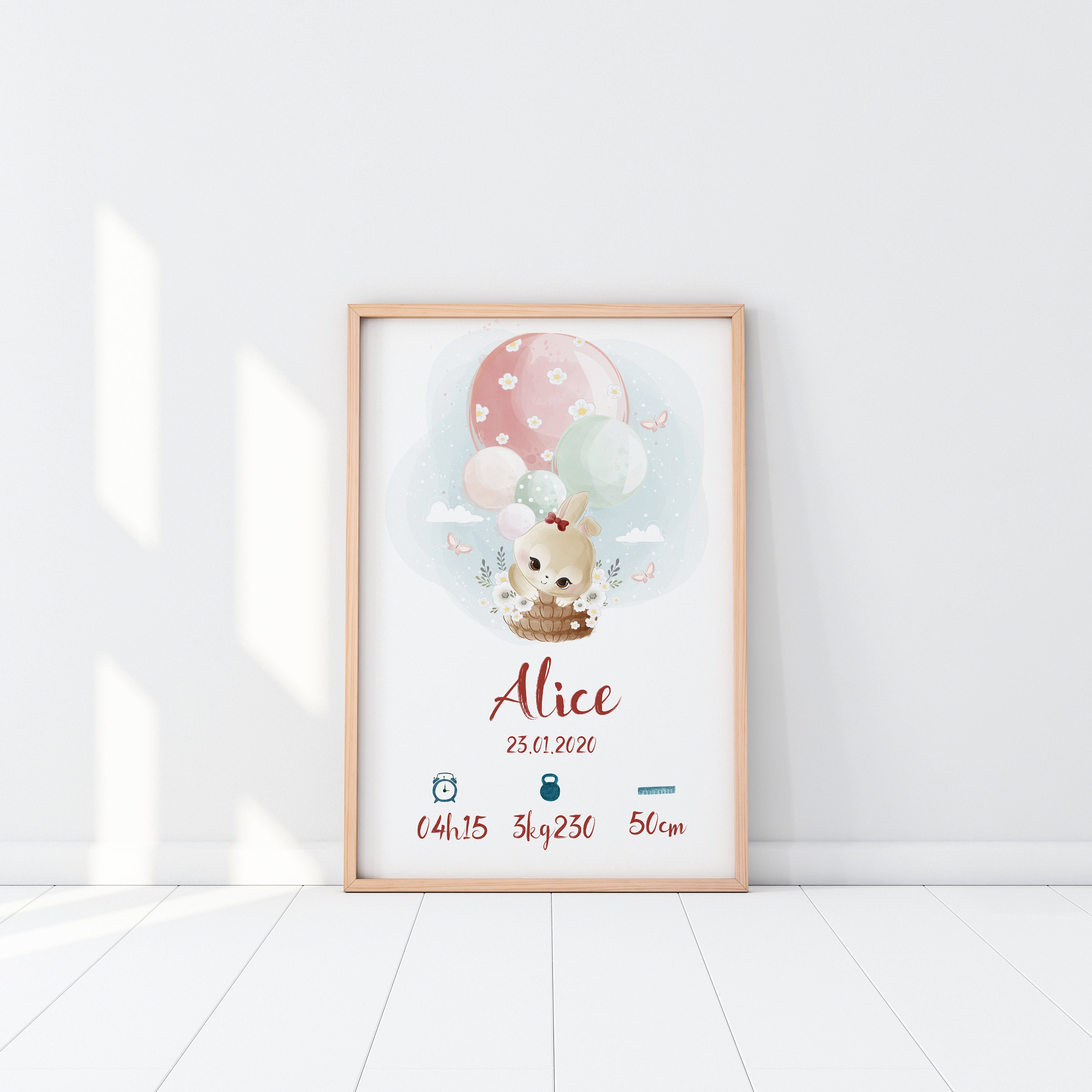 Affiche de Naissance à Personnaliser, Animal en Montgolfière, Style Aquarelle - Modèle Alice