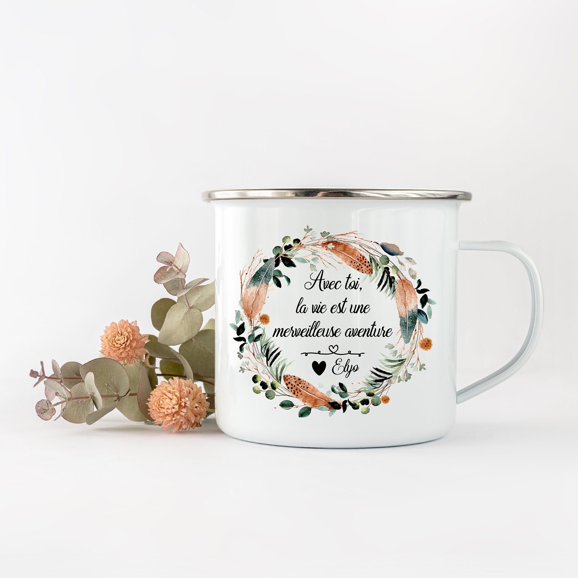 Tasse Camping, 270 ou 530Ml, Couronne de Fleurs Boho