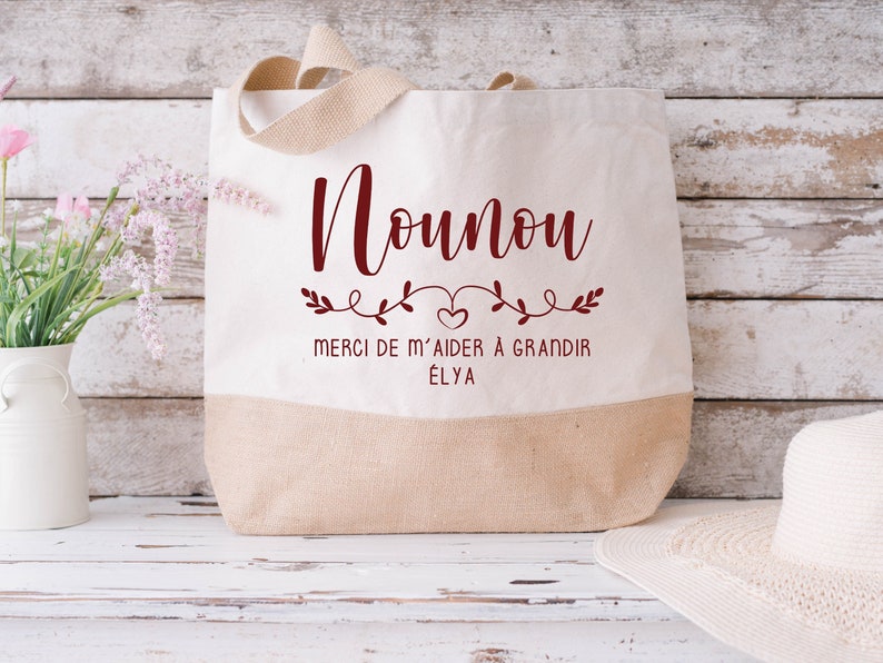 Large Personalized Cotton and Jute Bag, Gift for Mom, Teacher, Nanny... to personalize. 7 colors to choose from Naturel