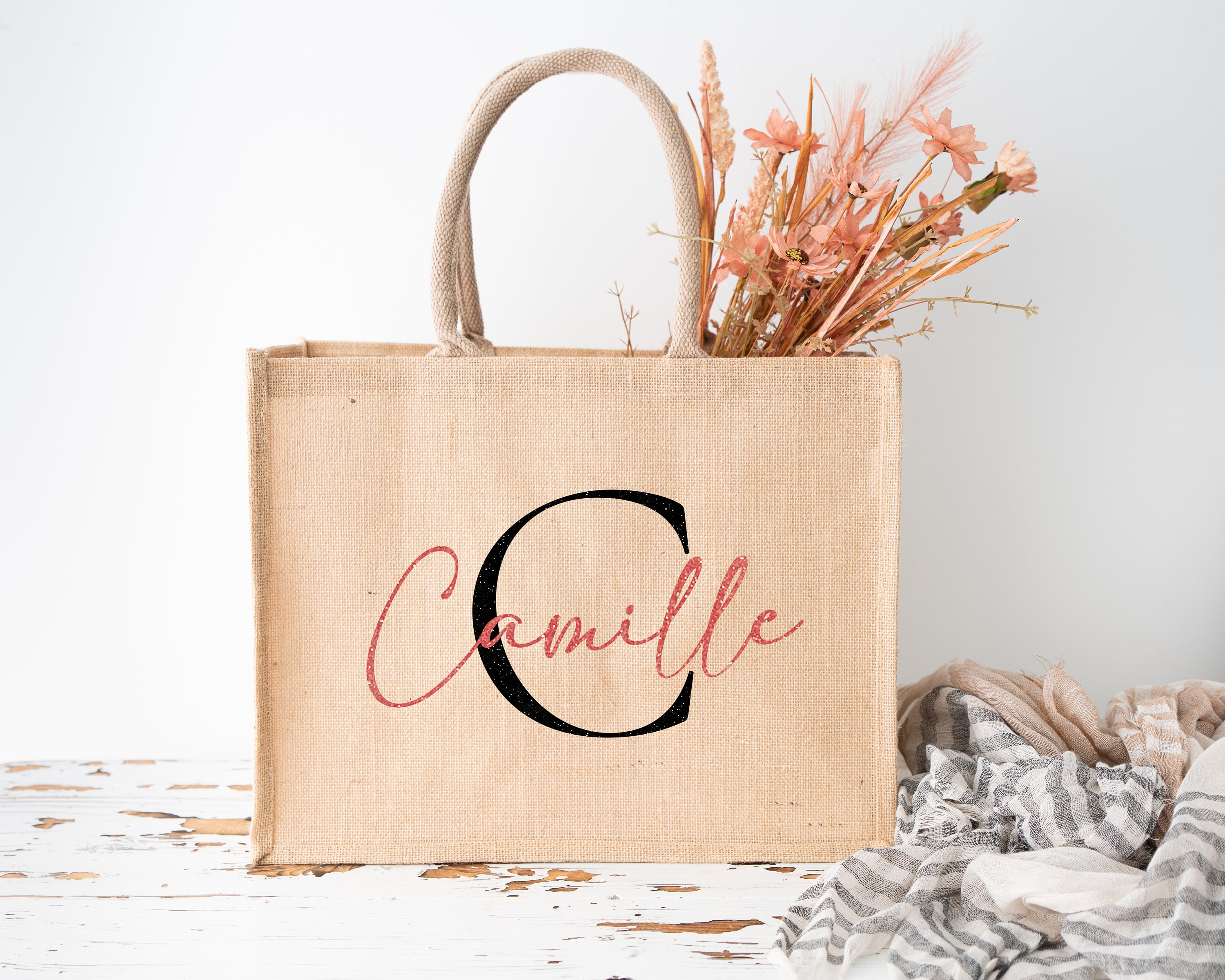 Sac en toile de jute personnalise Initiale et prenom Etsy France