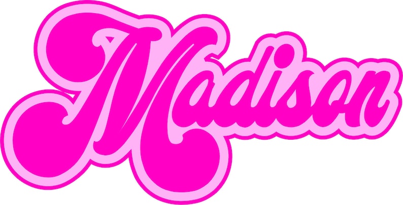 May include: Pink and white outlined cursive text that reads "Madison".