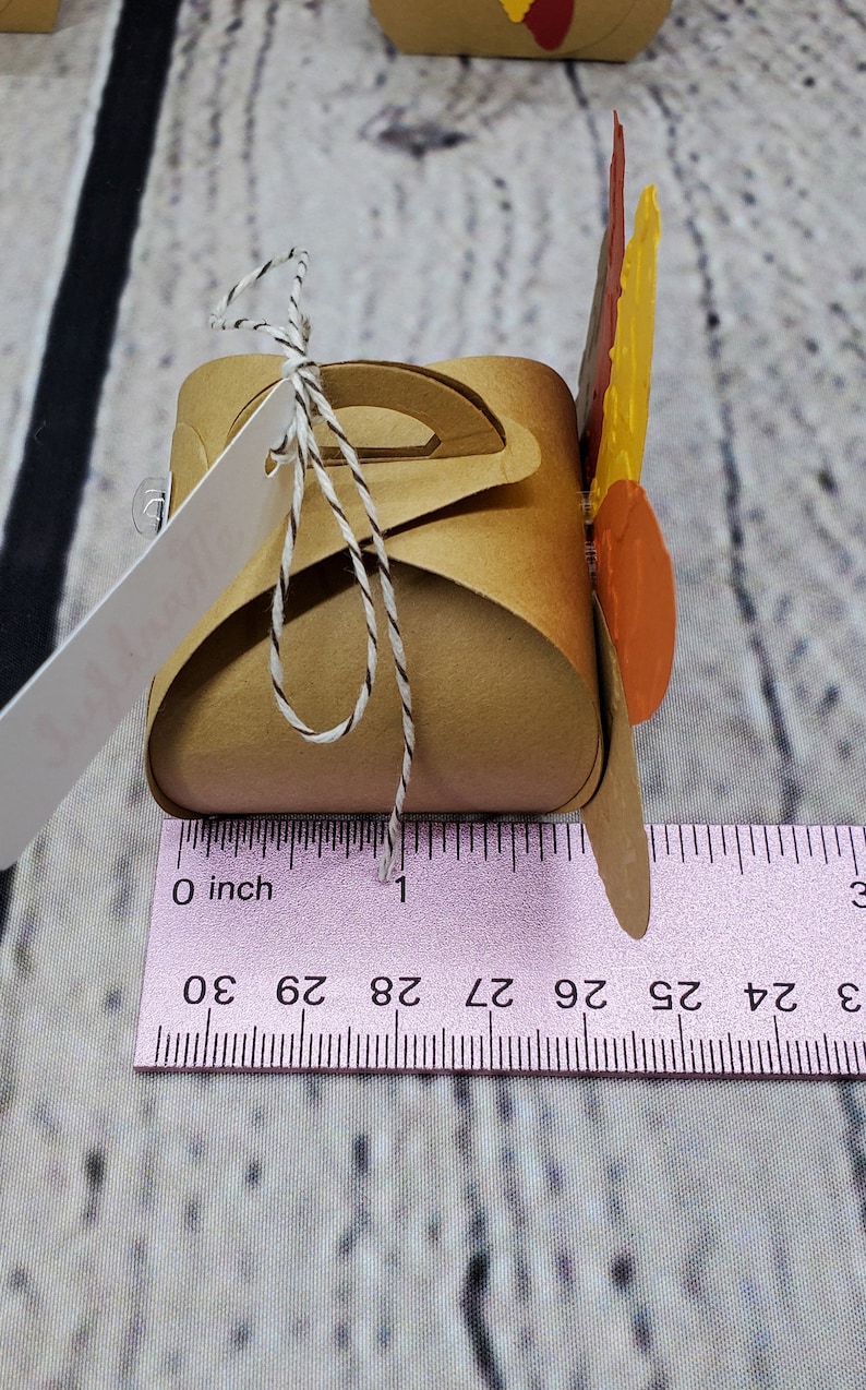 May include: A small brown paper box with a handle and a turkey design. The box is decorated with fall-colored leaves and is approximately 2.5 inches wide.
