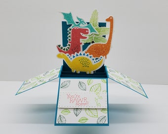 Dinosaur Pop Up Box Card, Happy Birthday Card, Children's Birthday Card, Handmade Greeting Card, Dinosaurs Adventure
