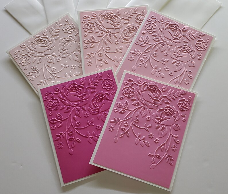 Set of 5 Rose Flowers Embossed Cards in Shades of Pink thank | Etsy