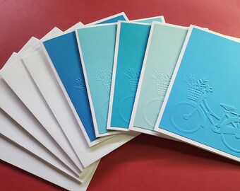 Set of 5 Bicycle Embossed Cards in Shades of Blue with Envelopes,Blank Note Card Set,Spring,Summer Stationery,Nature Lover, All Occasion