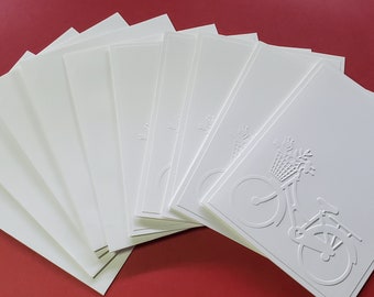 Set of 5 Bicycle Embossed Cards White with Envelopes,Blank Note Card Set,Spring,Summer Stationery,Nature Lover, All Occasion Cards