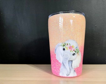 Kids Glitter Tumbler / Floral Elephant Girls Glitter Cup / Custom Kids Glitter Cup / Disney Glitter Cup /
