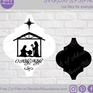 May include: Black and white silhouette of the nativity scene with the text "O Holy Night" in a decorative, ornate frame.