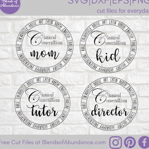 Puede incluir: Cuatro dise&ntilde;os circulares en blanco y negro con las palabras "Classical Conversations" y las palabras "mom", "kid", "tutor" y "director" en el centro.