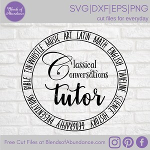 Puede incluir: Dise&ntilde;o circular en blanco y negro con el texto "Classical Conversations Tutor" en el centro. El c&iacute;rculo est&aacute; rodeado por las palabras "Bible Tin Whistle Music Art Latin Math English Timeline Science History Geography" en el sentido de las agujas del reloj.