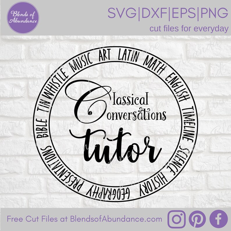 Puede incluir: Dise&ntilde;o circular en blanco y negro con el texto "Classical Conversations Tutor" en el centro. El c&iacute;rculo est&aacute; rodeado por las palabras "Bible Tin Whistle Music Art Latin Math English Timeline Science History Geography" en el sentido de las agujas del reloj.