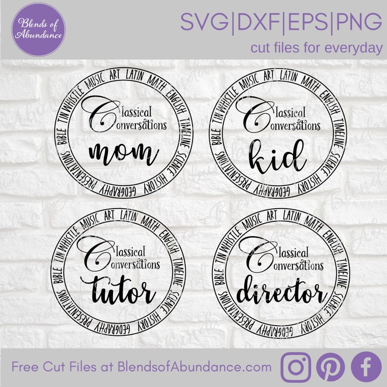 Puede incluir: Cuatro dise&ntilde;os circulares en blanco y negro con las palabras "Classical Conversations" y las palabras "mom", "kid", "tutor" y "director" en el centro.