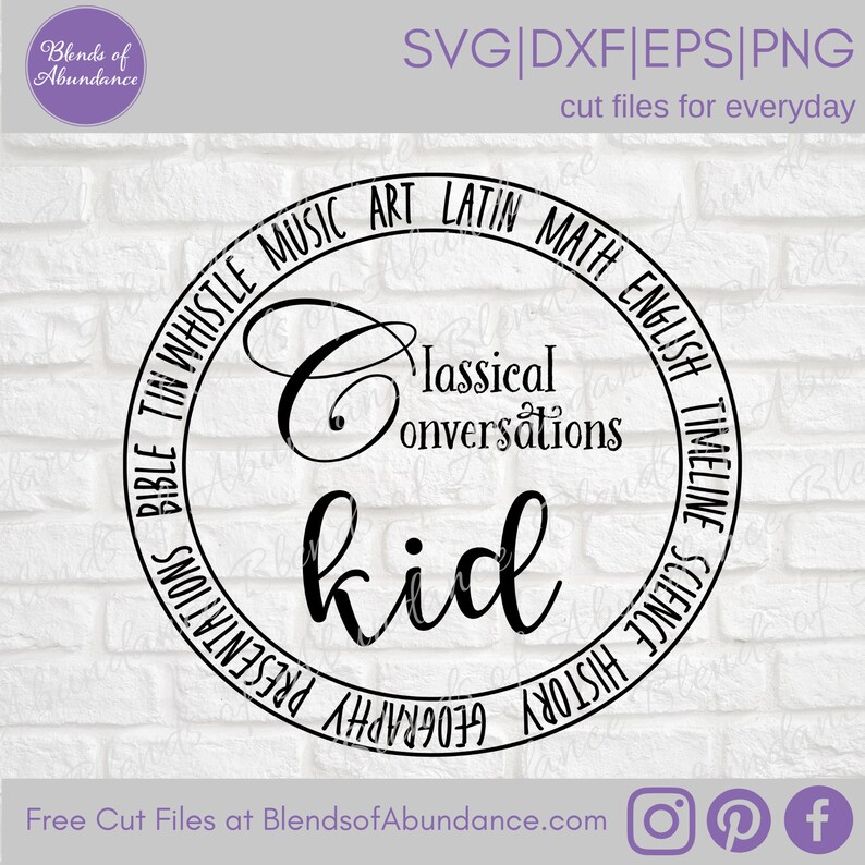 Puede incluir: Dise&ntilde;o circular en blanco y negro con el texto "Classical Conversations kid" en el centro. El c&iacute;rculo est&aacute; rodeado por las palabras "Bible Tin Whistle Music Art Latin Math English Timeline Science History Geography Presentations".