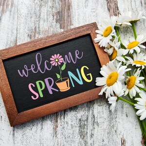 K&ouml;nnte beinhalten: Eine Holzrahmen-Tafel mit dem Text "welcome spring" in bunten Buchstaben. Neben dem Text ist eine kleine Blume mit Topf gezeichnet. Im unteren rechten Eck des Bildes befindet sich ein Strau&szlig; wei&szlig;er G&auml;nsebl&uuml;mchen mit gelben Zentren.