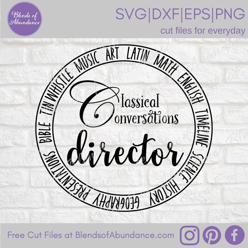 Puede incluir: Dise&ntilde;o circular en blanco y negro con el texto "Classical Conversations Director" en una fuente cursiva. El c&iacute;rculo est&aacute; rodeado por un anillo de texto que incluye temas como "Biblia", "Tin Whistle", "M&uacute;sica", "Arte", "Lat&iacute;n", "Matem&aacute;ticas", "Ingl&eacute;s", "Cronolog&iacute;a", "Ciencias", "Historia" y "Geograf&iacute;a".
