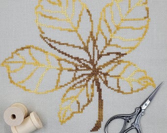 Patrón de punto de cruz de hoja de castaño en formato PDF diseñado por Angela Koyles en From Dusk to Dawn Designs