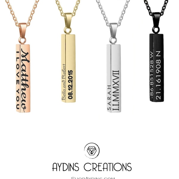 3D Vertical Bar Name Date Roman Numerals Engraved Necklace, Personalized Bridesmaid Wedding Gift, Custom Coordinates Layered Pendant Jewelry