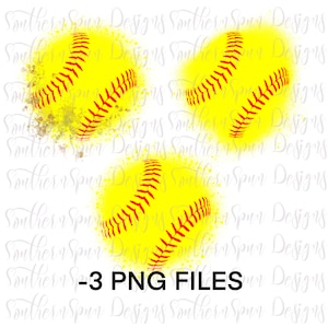 Puede incluir: Tres gráficos de softball amarillos y rojos con un fondo blanco y un efecto de pintura salpicada. El texto "S-3 PNG FILES" está en la parte inferior de la imagen.