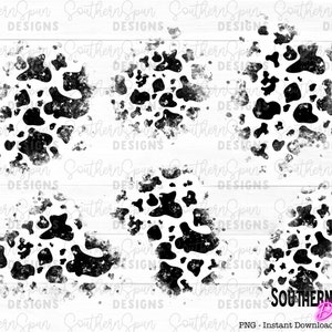 May include: A digital design featuring a cow print pattern in black and white. The design has a distressed, grunge aesthetic, with splattered ink effects. The text "SOUTHERNSPUN Designs" is visible in the bottom right corner.