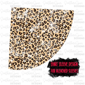 May include: A digital design featuring a leopard print pattern with a distressed, faded look. The design is intended for use on bleached shirt sleeves. The text "SHIRT SLEEVE DESIGN FOR BLEACHED SLEEVES" is included in the design.