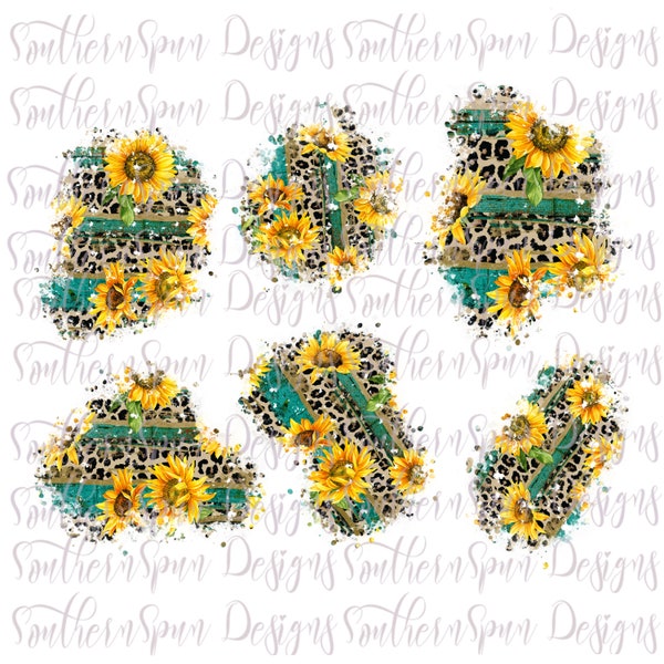 Distressed Leopard Print and Sunflowers Sublimation Patches PNG | Instant Download
